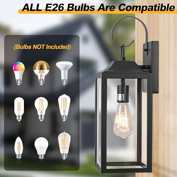 19" Large Outdoor Light Fixture 2 Pack, Porch Lights Sconce Exterior Lighting Fixtures, Black Outside Lights for House Modern Wall Lantern, Anti Rust Outside Coach Lamps for House, Doorway, Garage