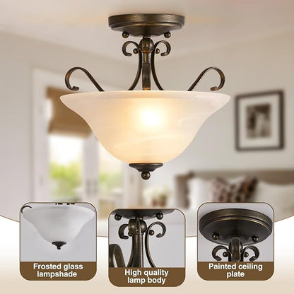 Luvkczc Upgrade Semi Flush Mount Ceiling Light,Brass Ceiling Light Fixture, Mid Century Ceiling Light, Glass Close to Ceiling Light for Bedroom Kitchen Porch Hallway, Bulbs Not Included