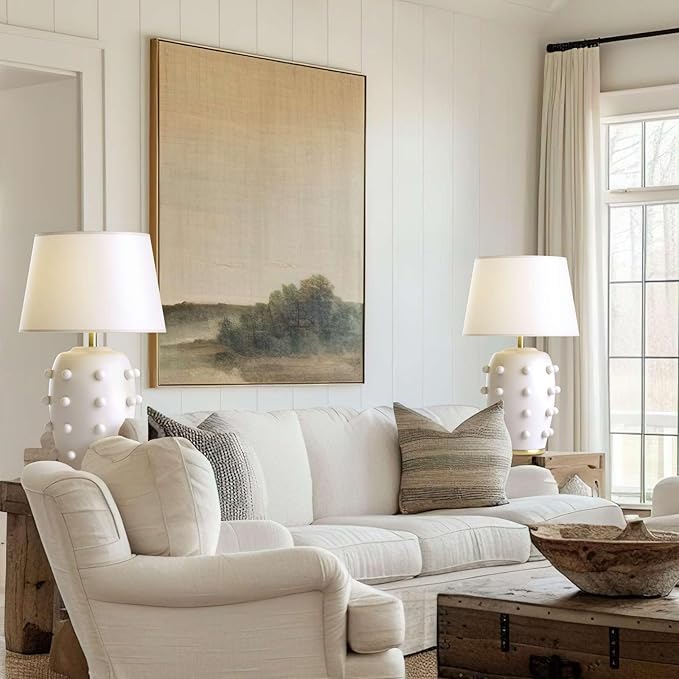 Modern Ceramic Linden Table Lamp - 26" White Ball Farmhouse Design, Classic Table Lamp Pottery Tapered Drum Shade for Living Room, Bedroom, Office, and Home （White）
