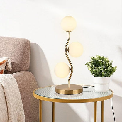 Mid Century Gold Globe Table Lamp 3-Light Flower Curve Beside Desk Table Light with Milk White Glass Shade Metal Base Nightstand Lamp for Bedroom Bedside