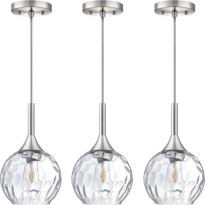 Doraimi Lighting 6.3" Texture Glass Pendant Light 3 Pack Pendant Ceiling Light Fixtures Brushed Nickel Finish Modern Farmhouse Dinning Over Sink Adjustable Height Rod