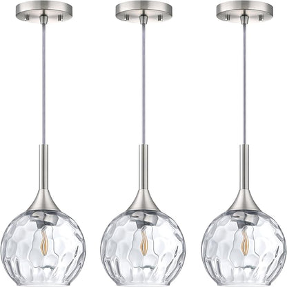 Doraimi Lighting 6.3" Texture Glass Pendant Light 3 Pack Pendant Ceiling Light Fixtures Brushed Nickel Finish Modern Farmhouse Dinning Over Sink Adjustable Height Rod