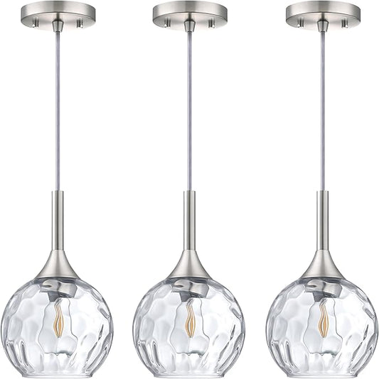 Doraimi Lighting 6.3" Texture Glass Pendant Light 3 Pack Pendant Ceiling Light Fixtures Brushed Nickel Finish Modern Farmhouse Dinning Over Sink Adjustable Height Rod