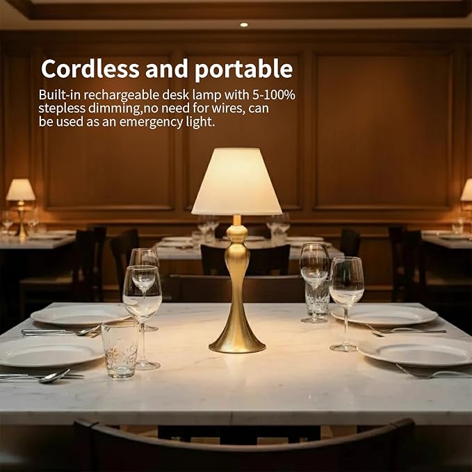 Cordless Table Lamp,Portable Fabric Shade LED Desk Lamps,5200mAh Battery Operated, 3 Color Stepless Dimming Up, for Restaurant, Bedroom,Camping,Coffee Shop,Bar,Night Light (Brass)