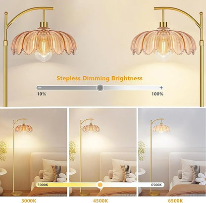 Floor Lamp for Living Room,Bedroom,Gold Dimmable Standing Lamp with Remote,Mid Century Modern Brass Tall Lamp Retro Vintage Glass Lamp Floor Light Boho Bohemian