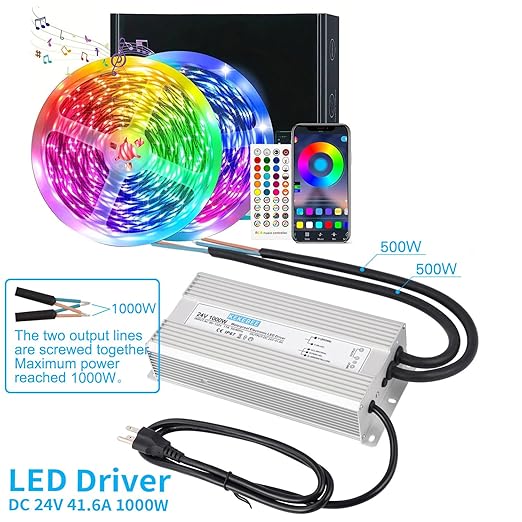 LED Driver 24V1000W Waterproof Power Supply AC95-132V to DC24V41.6A Low Voltage DC Transformer IP67 with 3-pin US Plug Suitable for Indoor and Outdoor LED Lighting and Any 24V DC Devices
