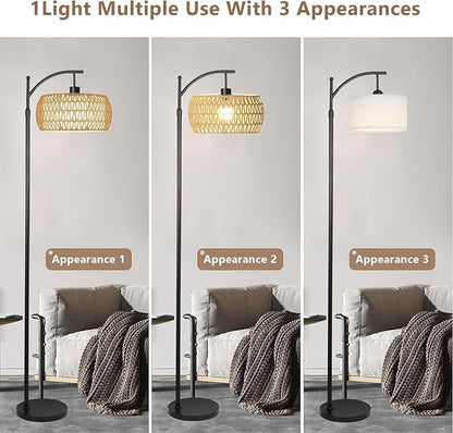 Arc Floor Lamps for Living Room Rattan Boho Floor Lamp with Remote Control,Dimmable LED Floor Lamps Wicker Lamp Shades Black Standing Lamp with 3 Color Temperature Tall Floor Lamp For Bedroom Corner