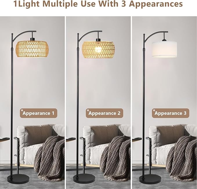 Arc Rattan Floor Lamp for Living Room with 3 Color Temperatures,Farmhouse Floor Lamps with Remote & Dimmable Bulb,Boho Standing Lamp with Wicker Shades,Adjustable Tall Lamp for Bedroom Office Reading