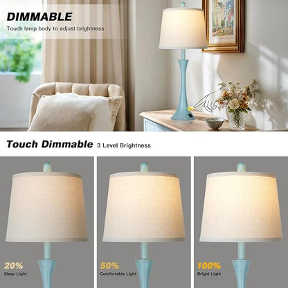 Riweey Blue Metal Table Lamp Set of 2 with USB C+A Ports, Bedside Lamp, Modern Bedroom Lamps, Coastal Lamp for Night Stands Bedroom Living Room,Nightstand Lamp LED Bulbs Included