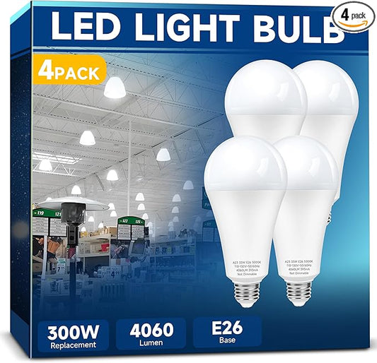 300W Equivalent LED Light Bulb, Super Bright 4060 Lumen 5000k Cool Daylight White A23 E26 Medium Base 33 Watt LED Bulb for Garage Warehouse Workshop Backyard Patio Street Supermarket, 4-Pack