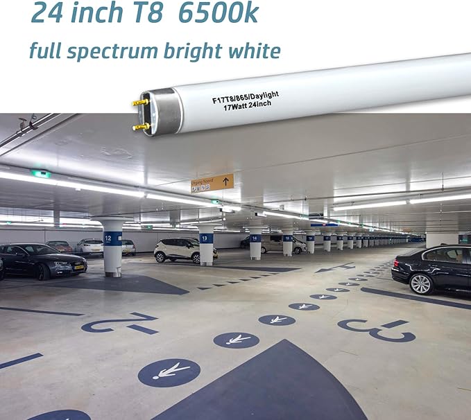 12pack 24 inch F17T8/865/DX Fluorescent Light Bulb, 17Watts Full Spectrum 6500K Daylight, 2FT T8 Linear Tube 1250lumen High Efficient