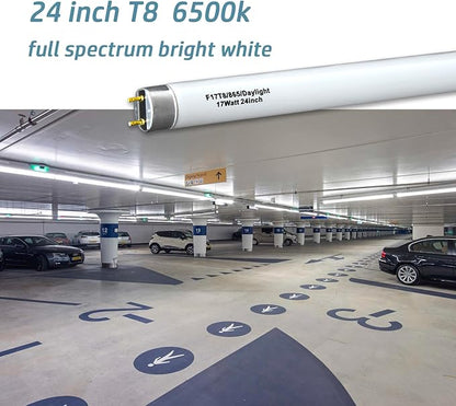 12pack 24 inch F17T8/865/DX Fluorescent Light Bulb, 17Watts Full Spectrum 6500K Daylight, 2FT T8 Linear Tube 1250lumen High Efficient