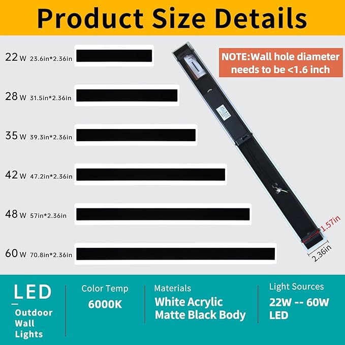 Mikeru 2Pack 31.4inch Long Led Wall Light, 6000k Cool White Modern Outdoor Wall Light Ip65 Waterproof Black Acrylic Porch Exterior Lighting Fixtures, Exterior Wall Mount Lights