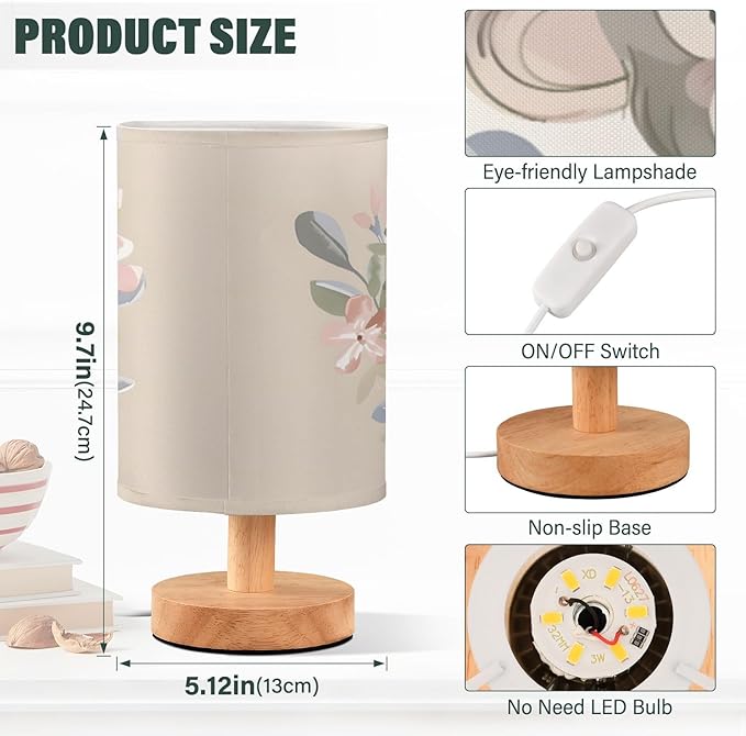 Bedside Lamp Monkey Pink Flower Table Lamp for Bedroom LED Nightstand Lamp Shade USB Ports Wood Base for Living Room Dorm Office