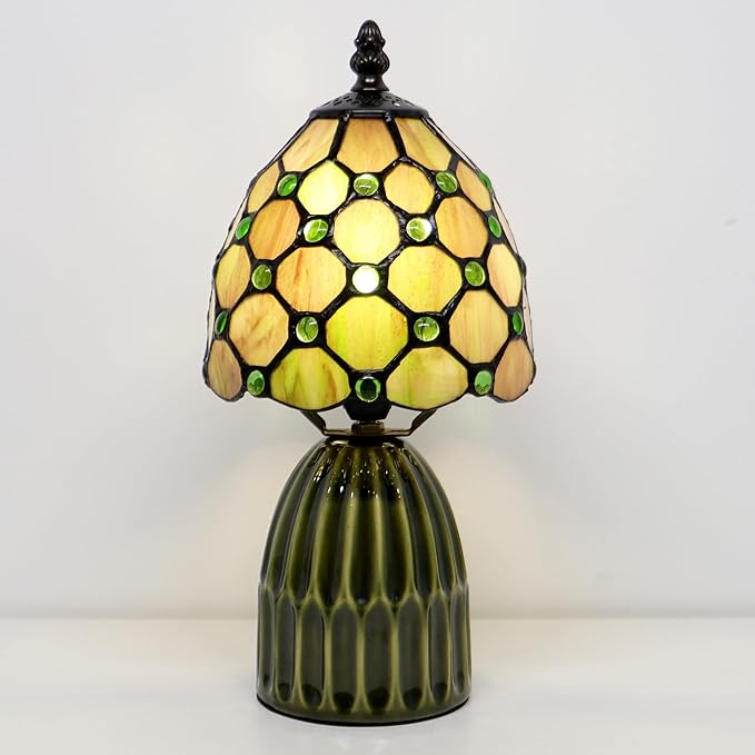 Tiffany Lamp Stained Glass Mushroom Table Lamps 6X6X12.5 Inch Amber Green Pearl Style Small Night Light Ceramic Base Mini Accent Desk Light Suitable for Bedside Table Bedroom Children Room