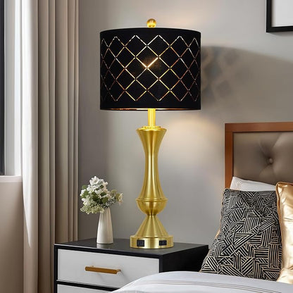 29" Gold Modern Table Lamps Set of 2, 3-Way Dimmable Touch Lamps for Nightstand with USB A+C & Outlets,Brass Lamps for Living Room, Bedroom, Nightstand, Entryway(2 Bulbs Included)