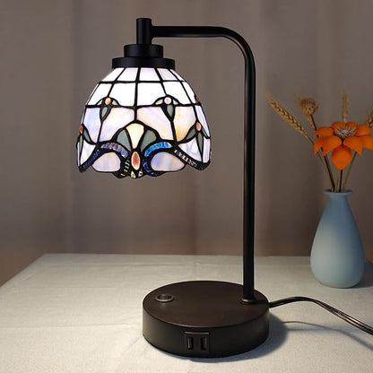 TL0016 Tiffany Table Lamp with 2 USB Charging Ports, Desk Lamp with Blue Baroque Stained Glass Lamp Shade, Retro Nightstand H 14.5" for Bedrooms Office Study, LED Bulbs Included (Blue)