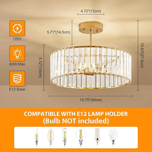Modern Gold Semi Flush Mount Ceiling Light Crystal 3-Light Light Fixture 15.75 Inch Kitchen Ceiling Lighting for Living Room Bedroom Dining Room Bathroom Entryway (Bulb Not Included)