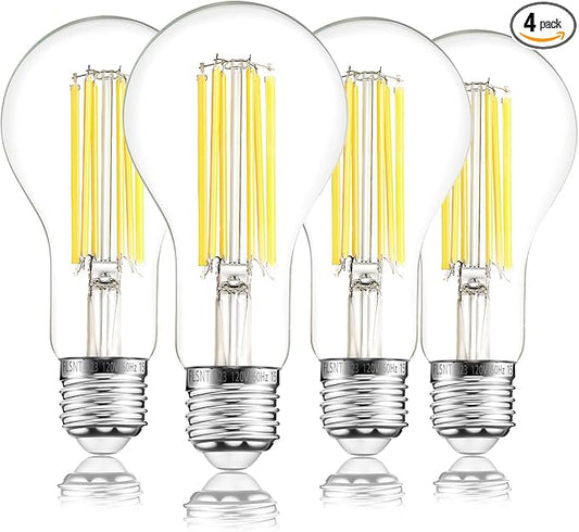 FLSNT 200W Equivalent A23 LED Light Bulbs, Efficient 17W, 3010Lumens, 5000K Daylight, CRI82, E26 Medium Base, Clear Glass, 4 Pack, Non-Dimmable