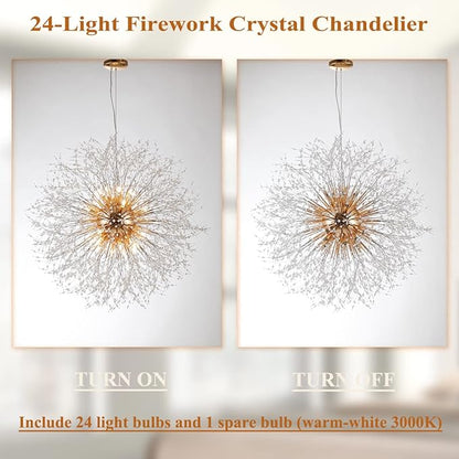 Large Dandelion Crystal Chandeliers, 24-Light Crystal Firework Pendant Lighting, 120W Gold Sputnik Hanging Chandelier Light Fixtures for Living Room Hallway