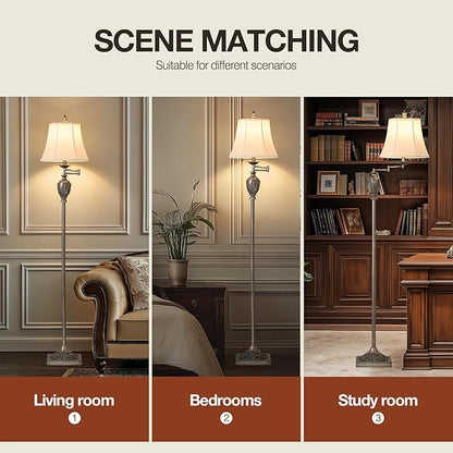 Traditional LED Floor Lamp with 350° Adjustable Swing Arm Lamp – Vintage Standing Pole lamp for Living Room, Bedroom and Office – Rustic Upright Floor Light for Home Décor with Silk Fabric Shade