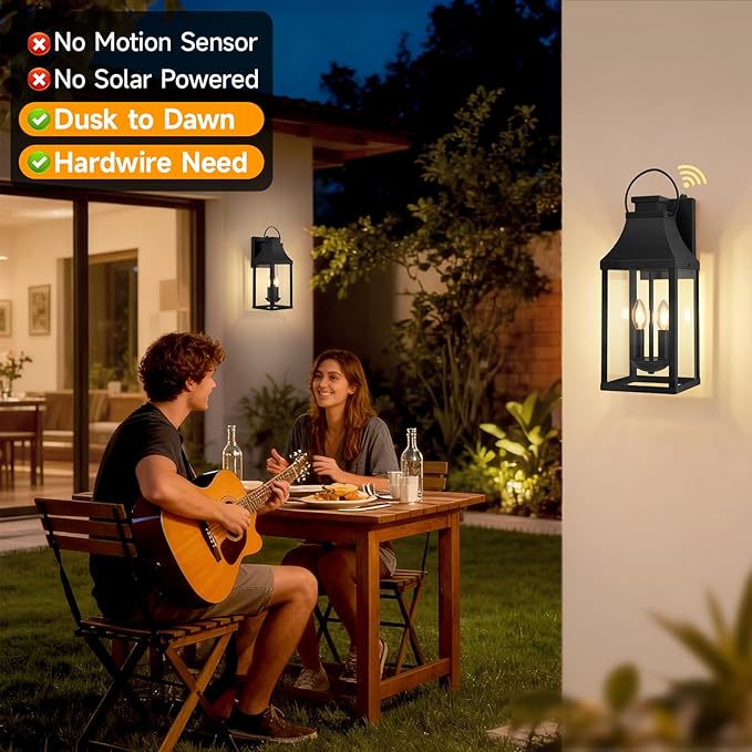 tewei Dusk to Dawn Outdoor Lighting Fixture, 20'' Large Porch Lights Outdoor Sconce Lights, 2-Light Black Exterior Lights for House Waterproof Outside Patio Lanterns for House Garage, 2-Pack