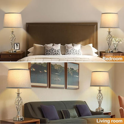 Nightstand Table Lamps for Bedrooms Set of 2 with USB C+A, Bedside Lamps with Spiral Cage Base, Tall Living Room Lamps for End Tables, Modern Night Stand Lamps for Bed Side Guest Room Bulbs Included
