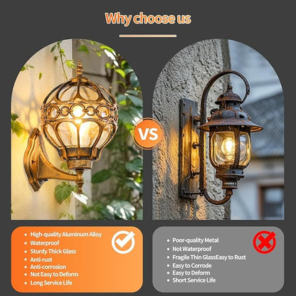 Globe Outdoor Wall Lights with Dusk to Dawn Sensor,Waterproof Gold Sphere Outside Wall Light Fixtures, Anti-Rust Exterior Aluminum Round Porch Lights for Patio Porch Backyard Garage，Large