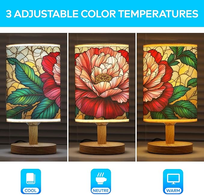 Carnation Table Lamp LED 3-Color Pressed Bedside, Carnation Shade Lamp with Wood Base for Bedroom Living Room Desk Office TL01