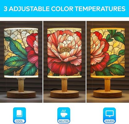 Carnation Table Lamp LED 3-Color Pressed Bedside, Carnation Shade Lamp with Wood Base for Bedroom Living Room Desk Office TL01