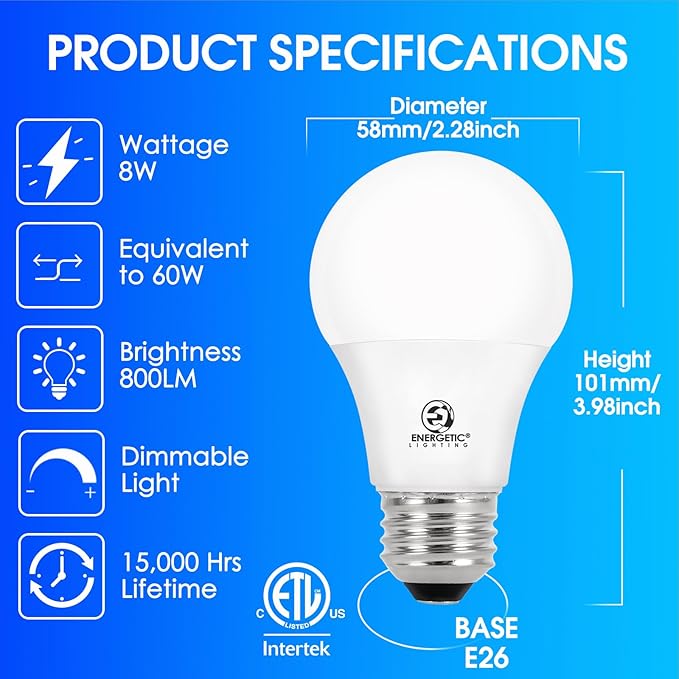 E ENERGETIC LIGHTING Dimmable LED Light Bulbs, 60W Equivalent, Cool White 4000K, 8W 800 Lumens LED Bulbs, E26 Base Standard Light Bulbs, ETL Listed, 12 Packs