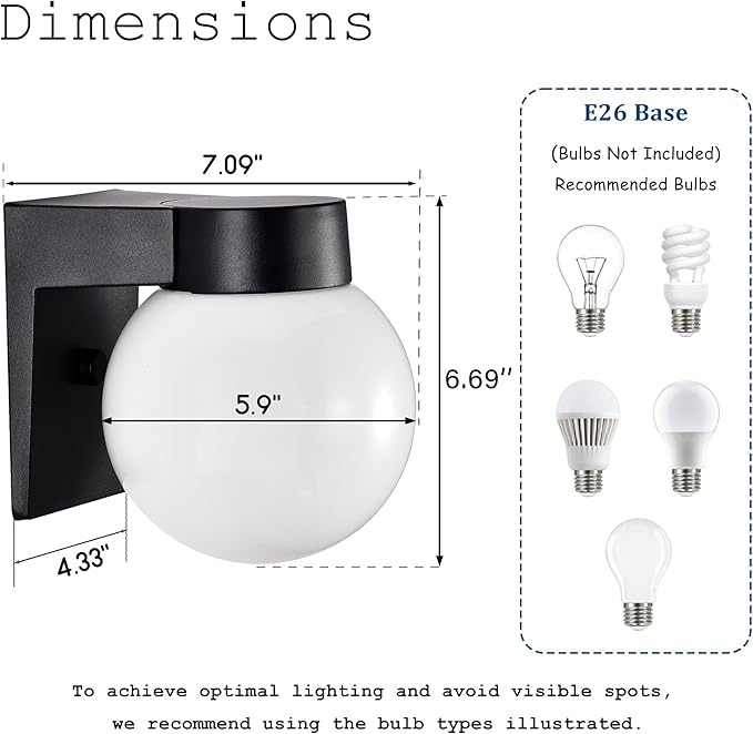 Alighting Outdoor Wall Sconce, Waterproof Exterior Lighting Fixture with Smooth Glass Globe and Black Aluminum Base, Wall Mount Porch Light for Front Door, Patio, Garage, Entryway, E26 Socket