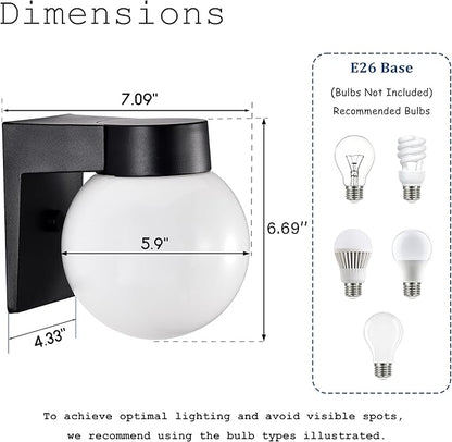 Alighting Outdoor Wall Sconce, Waterproof Exterior Lighting Fixture with Smooth Glass Globe and Black Aluminum Base, Wall Mount Porch Light for Front Door, Patio, Garage, Entryway, E26 Socket