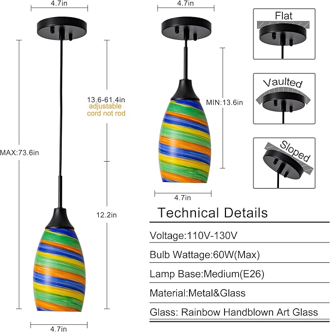 Mini Glass Pendant Light,4.72" Rainbow Hanging Lights 1-Pack Handblown Oval Rainbow Art Glass Hanging Pendant Light for Kitchen Island,Dining Room,Living,Foyer,Hallway, Entry