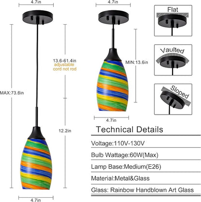 Mini Glass Pendant Light,4.72" Rainbow Hanging Lights 1-Pack Handblown Oval Rainbow Art Glass Hanging Pendant Light for Kitchen Island,Dining Room,Living,Foyer,Hallway, Entry