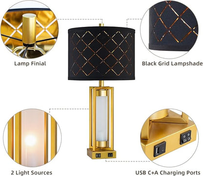 RORIANO Set of 2 Modern Table Lamps for Living Room Bedroom with USB C+A, Rustic Nightstand Lamps with White Night Light, Black Grid Shade, Desk Lamps for Bedside End Tables, 4 Bulbs Included (Gold)