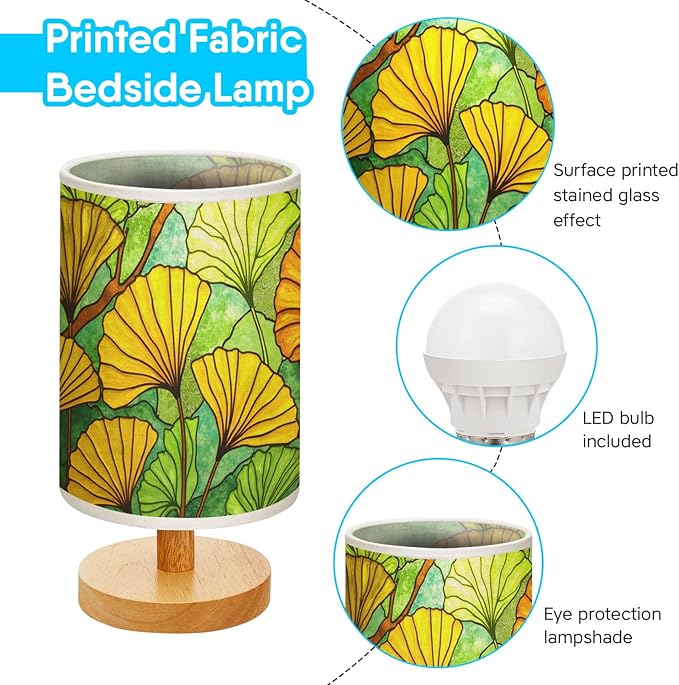 Ginkgo Tree Table Lamp LED 3-Color Pressed Bedside, Ginkgo Tree Shade Lamp with Wood Base for Bedroom Living Room Desk Office