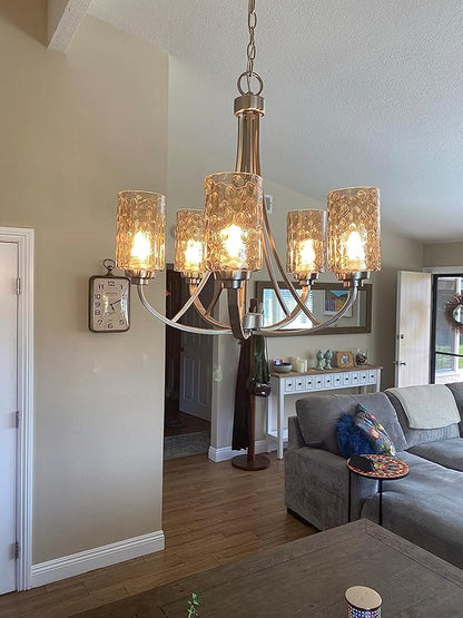 Glass Lamp Shade Replacement Globe & Cover for Light Fixture, 6-1/16" Height 4-1/16" Diameter, 1-5/8 inch Fitter, 5 Pack Amber Hammered Water Ripple Cylinder Glass Shade
