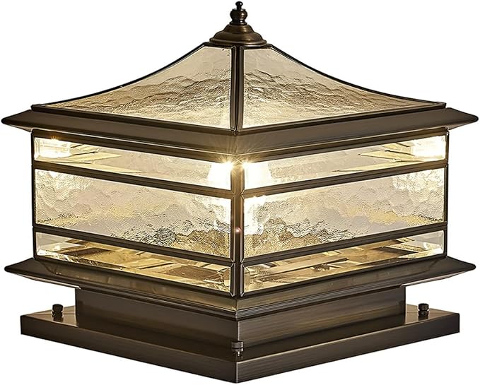 All Copper Steel Glass Outdoor Post lights, Waterproof Pillar Light, Vintage Patio Lawn Column Lamp,outdoor column lights,Deck Lights, Lantern Fence Lamp Fixture E26 Base (Wiring E26 Base, 12X12in)