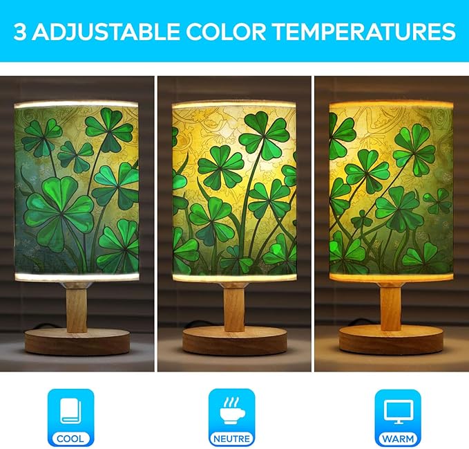 Shamrock Table Lamp LED 3-Color Pressed Bedside, Shamrock Shade Lamp with Wood Base for Bedroom Living Room Desk Office