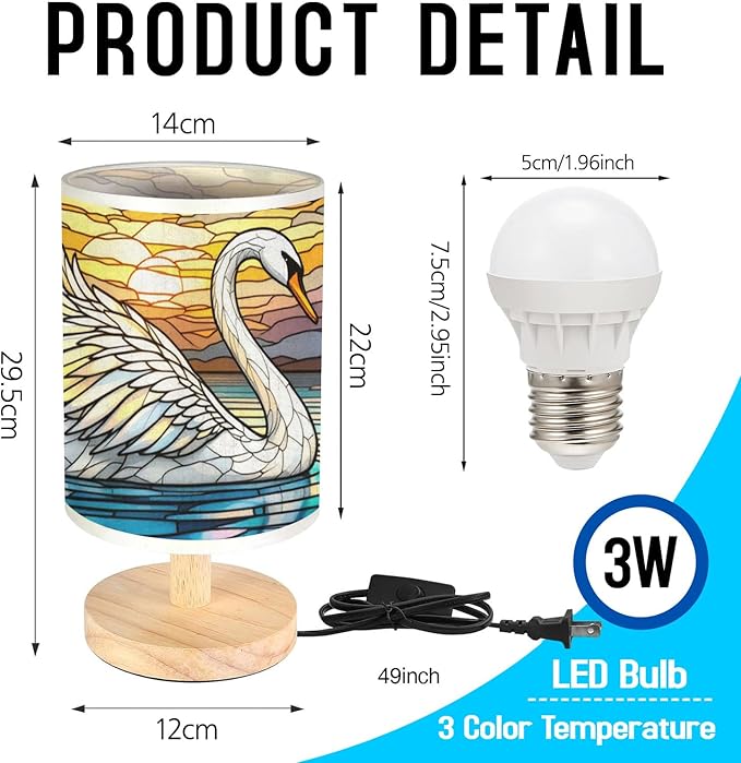 Swan Table Lamp LED 3-Color Pressed Bedside, Swan Shade Lamp with Wood Base for Bedroom Living Room Desk Office TL01