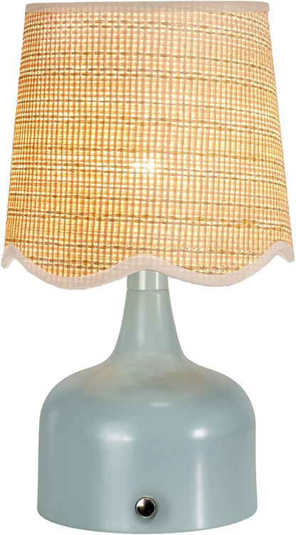 Cordless Boho Table Lamp Blue, Wicker Shade, 5200-mAh Rechargeable Battery, 3-Way Dimmable, Build-in Integrated LED 320 Lumen Max, for Bedside Living Room