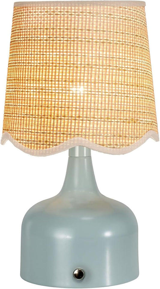 Cordless Boho Table Lamp Blue, Wicker Shade, 5200-mAh Rechargeable Battery, 3-Way Dimmable, Build-in Integrated LED 320 Lumen Max, for Bedside Living Room