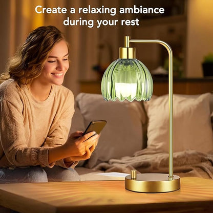 Green Table Lamp Set of 2,Small Glass Bedside Lamps Dimmable Boho Bedroom Lamp with Tulip Flower Lamp Shade,Gold Vintage Mid Century Modern Mini Nightstand Lamp for Bedroom Living Room