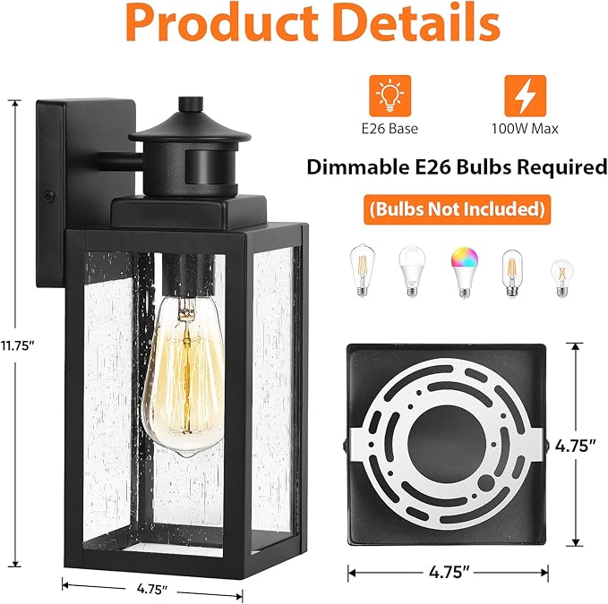 BesLowe 2-Pack Motion Sensor Outdoor Wall Lights, Dusk to Dawn Porch Lights Outdoor Sconces with Seeded Glass, Black Exterior Lighting Fixtures Wall Mount, Outside Lights for House Front Door Garage
