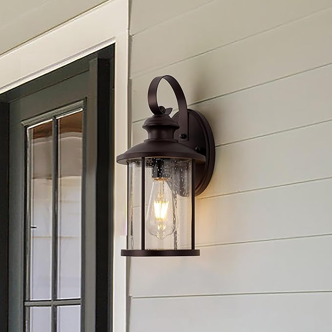 MICSIU 2 Pack Outdoor Wall Lantern Lights, 13.75 Inch Outside Porch Light Fixture with Clear Seedy Glass, Oil Rubbed Bronze Exterior Wall Lights for House, Front Door, Entryway, Pathway