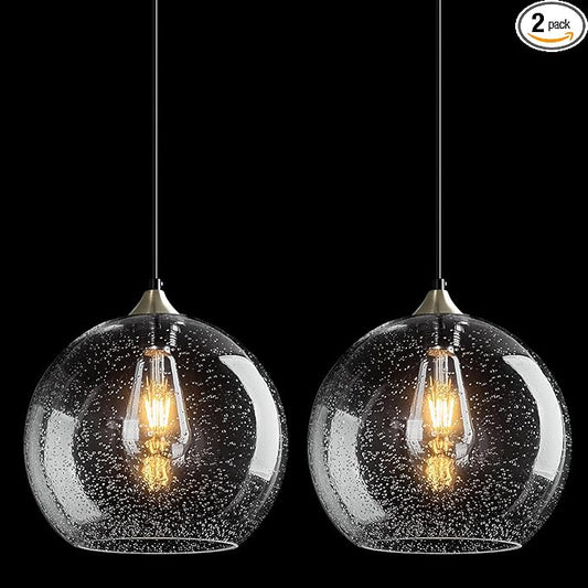 Clear Glass Pendant Lights Kitchen Island Lighting Globe Pendant Light Fixtures Modern Pendant Lighting for Kitchen Island Bedroom Living Dining Room Light Fixture(9.84in, 2-Pack)