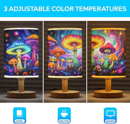 Psychedelic Mushrooms Table Lamp LED 3-Color Pressed Bedside, Psychedelic Mushrooms Shade Lamp with Wood Base for Bedroom Living Room Desk Office TL01