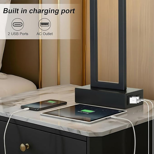 Touch Control Table Lamps with 2 USB Charging Ports & AC Outlets, 23" Tall Modern Nightstand Bedside Lamp for Bedroom, 3-Way Dimmable Metal Table Lamp with Fabric White Shade for Living Room End Table