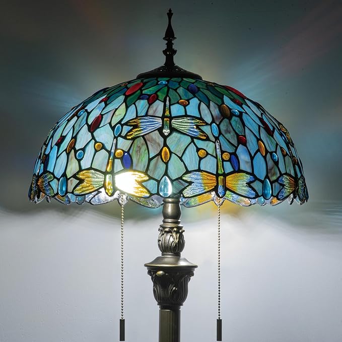 Tiffany Style Floor Lamp, 16" Stained Glass Dragonfly Shade with Antique Bronze Base, 2-Light E26 Pull Chain Standing Reading Light for Living Room, Bedroom, UL Listed, 16x16x64 Inches